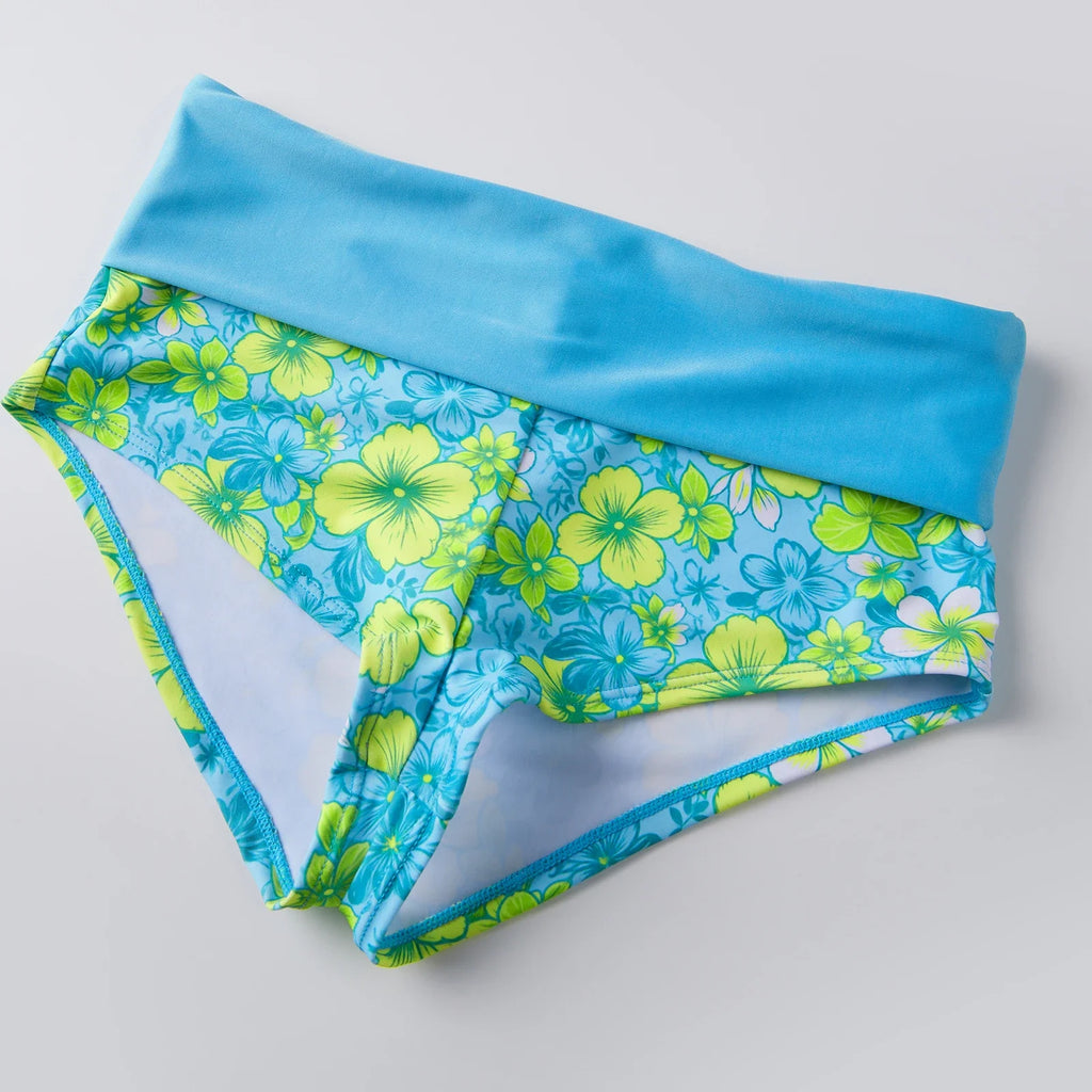 Women’s Two Piece Bikini Set Rose Hibiscus Floral Print Halter Tops with Fold Over Waist Shorts Summer Beach Wear