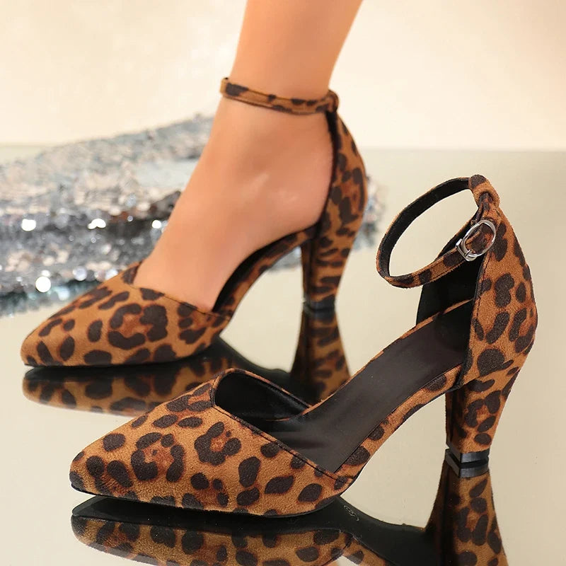 Fashion Leopard Print High Heels Sandals Women 2026 Plus Size 42 Ankle Buckle Pumps Woman Sexy Pointed Toe Party Shoes Ladies