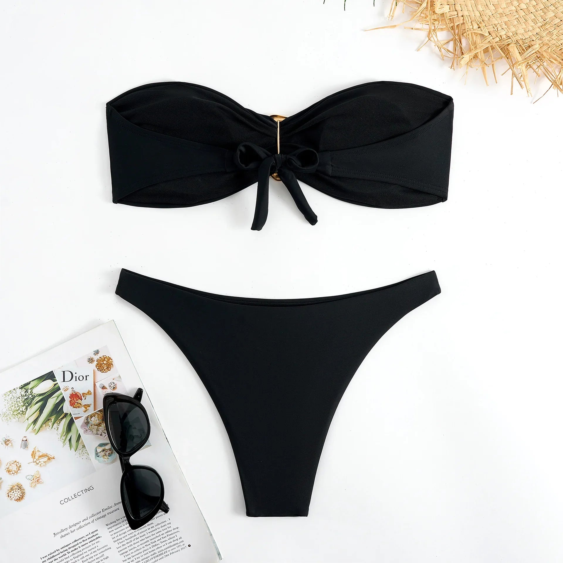 sexy solid black and red bandeau bikinis sets two pieces metal high waist thong swimsuit bathing suit swimwear biquini bakini