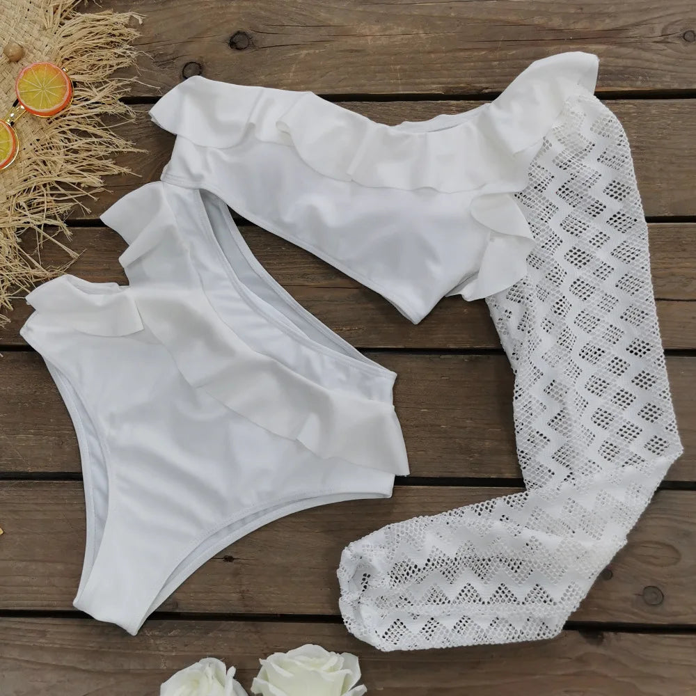 One Piece Swimsuit Sexy Long Sleeve Tropical Print Swimwear Women Bandage Monokini Hollow Out Bathing Suit String Beachwear 2023