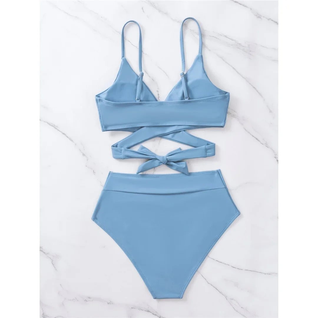 S - XL New 7 Colors V Neck High Waist Bikini Female Swimsuit Women Swimwear Two-pieces Bikini Set Bather Bathing Suit Swim V5006