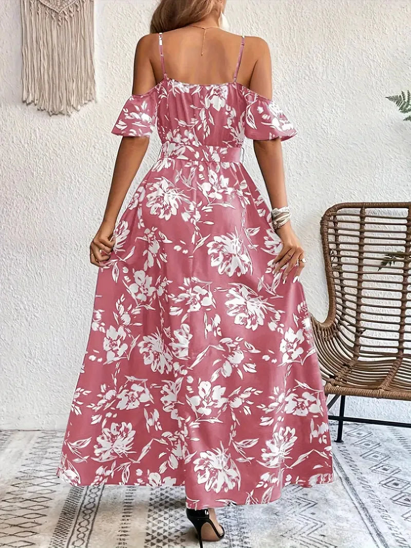 New Summer Women Print Dress 2025 Fashion Elegant  Vacation Party Short Sleeve Slim V-neck Slit Long Dresses Vestidos Para Mujer