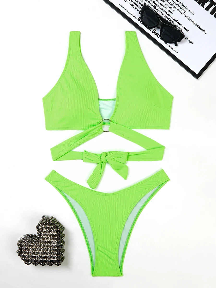 2026 Ring Linked Bikini Solid Bandage Swimwear Female Sexy Swimsuit Women Bathers Bathing Swimming Swim Suit Beachwear