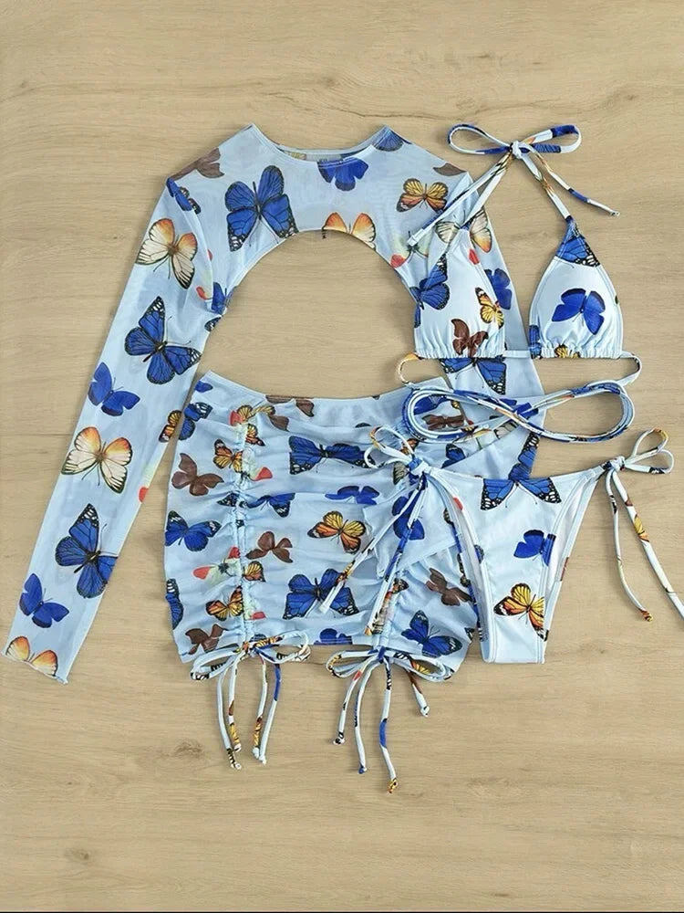 Long Sleeve Printed Halter Bikini Female Swimsuit Women Swimwear Four-pieces Bikini Set with Mesh Skirt Bathing Suit Beach Wear