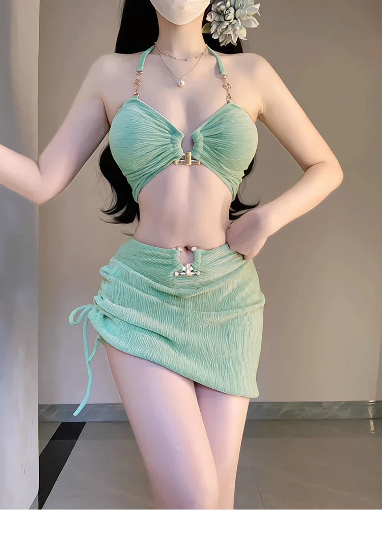 Korean Cover Up 3 Piece Bikini Set 2025 Swimwear Women Green Metal Strap Push Up Drawstring Skirt Swimsuit Beach Bathing Suits