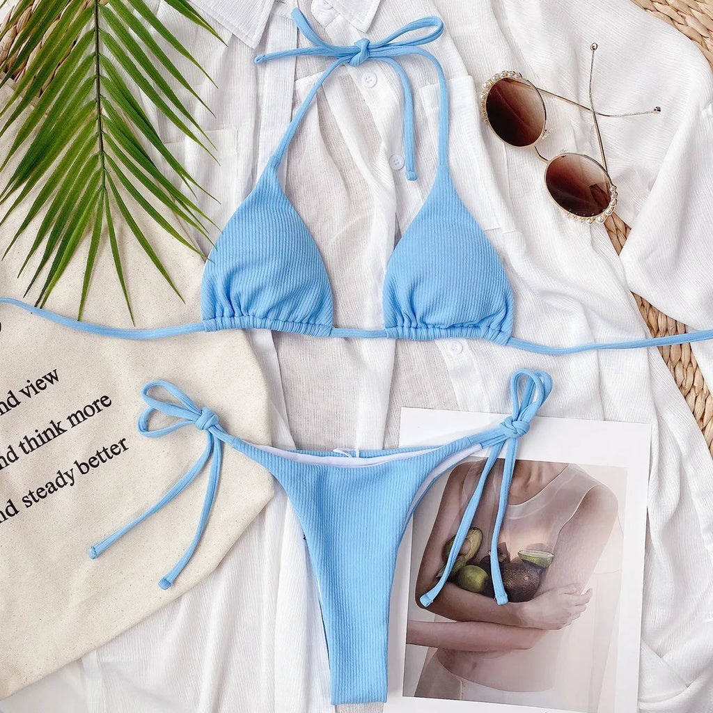 5 Colors Sexy Bikini Women Solid Swimwear Swimsuit Triangle Halter Pit Striped Bikinis Set Bathing Suit Female Banadores Mujer