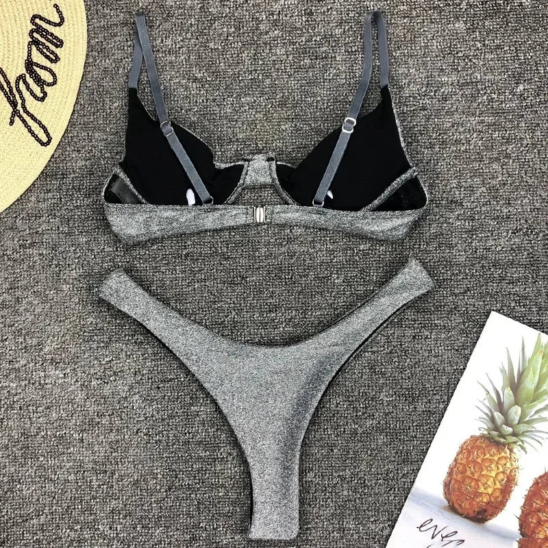 Glitter Shiny Underwired V-Bar Bikini Women Swimsuit Female Brazilian Swimwear Two-piece Bikini Set Triangle Bathing Suit Swim