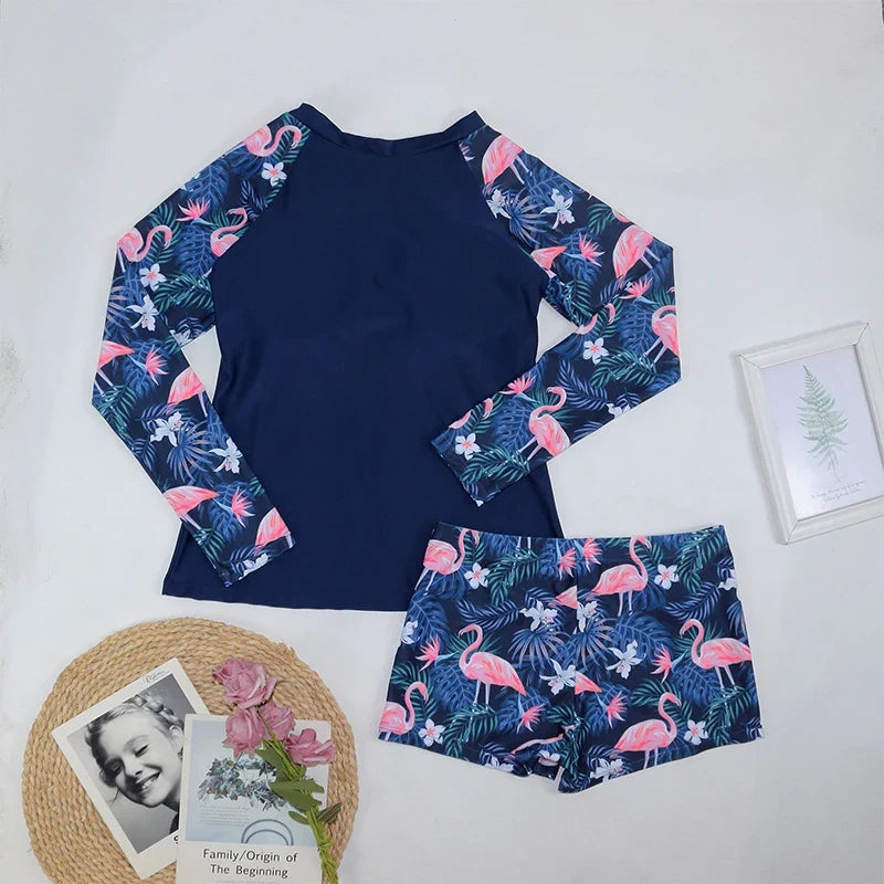 Women Two Pieces Vintage Print Rash Guard Swimwear Long Sleeve Shirt Shorts Surf Top Retro Print Running Shirt Split Swimsuit