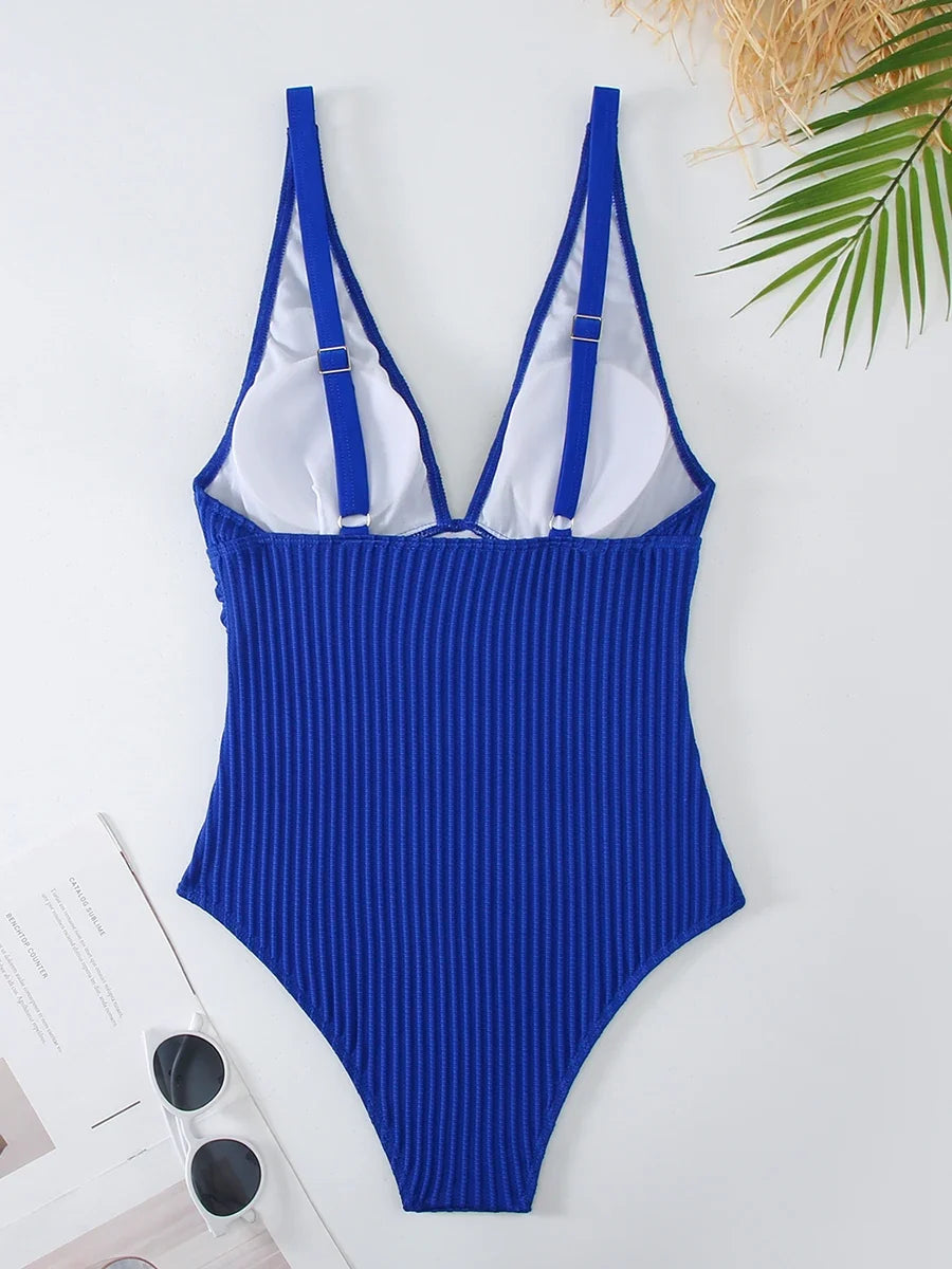 2026 V Neck Swimsuit One Piece Solid Vintage Swimwear Women One-piece Bathing Suit Female Padded Beach Wear Swimming Beachwear