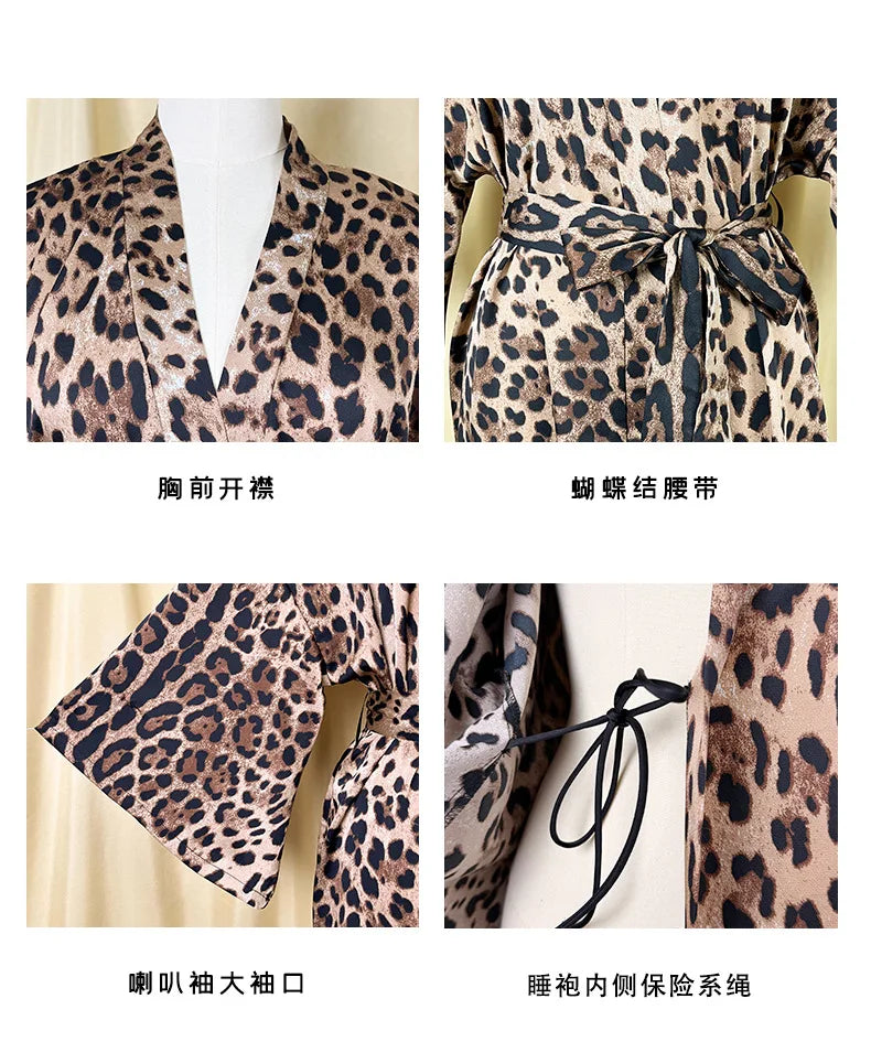 Sexy Leopard Print Satin Long Robe Women Flare Sleeve Tie Waist High Slit Loungewear Outerwear