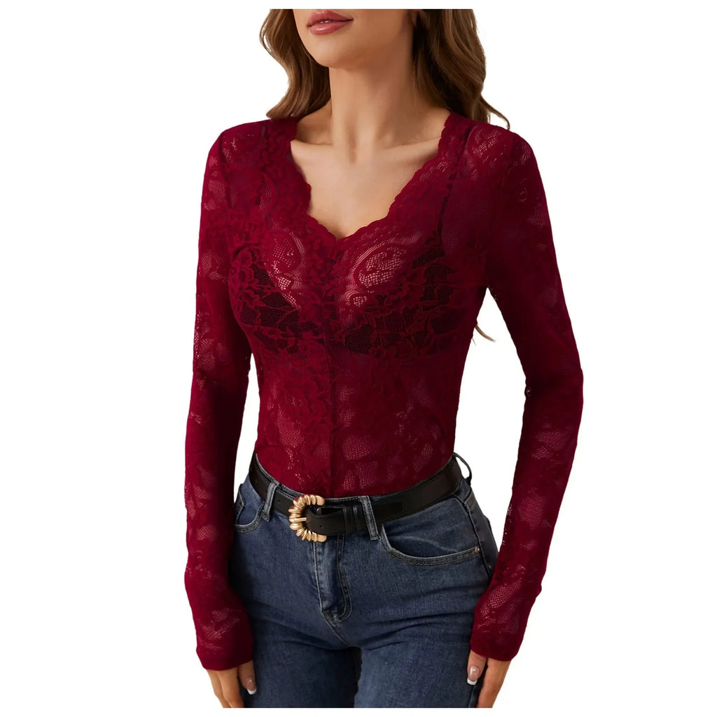 Women V Neck Floral Lace Long Sleeve T Shirt See Through Slim Fit Tees Y2k Gothic Club Party Streetwear Ladies Sheer Basic Tops