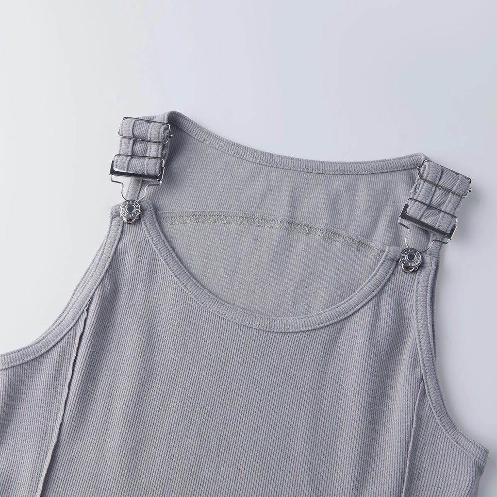 Women's Solid Color Ribbed Tank Tops Stylish Sleeveless Camisole with Metal Buckle Straps and Curved Hemline