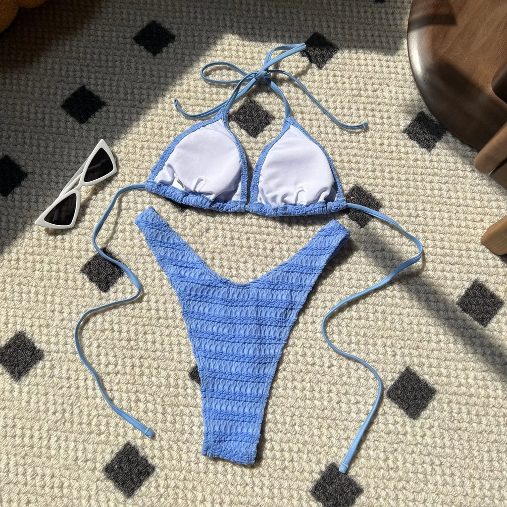 Sexy Knitted Hollow Handmade Crochet Bikini Set Women Pink Bandage Criss Cross Micro Swimsuit Bathng Suit Thong Swimwear