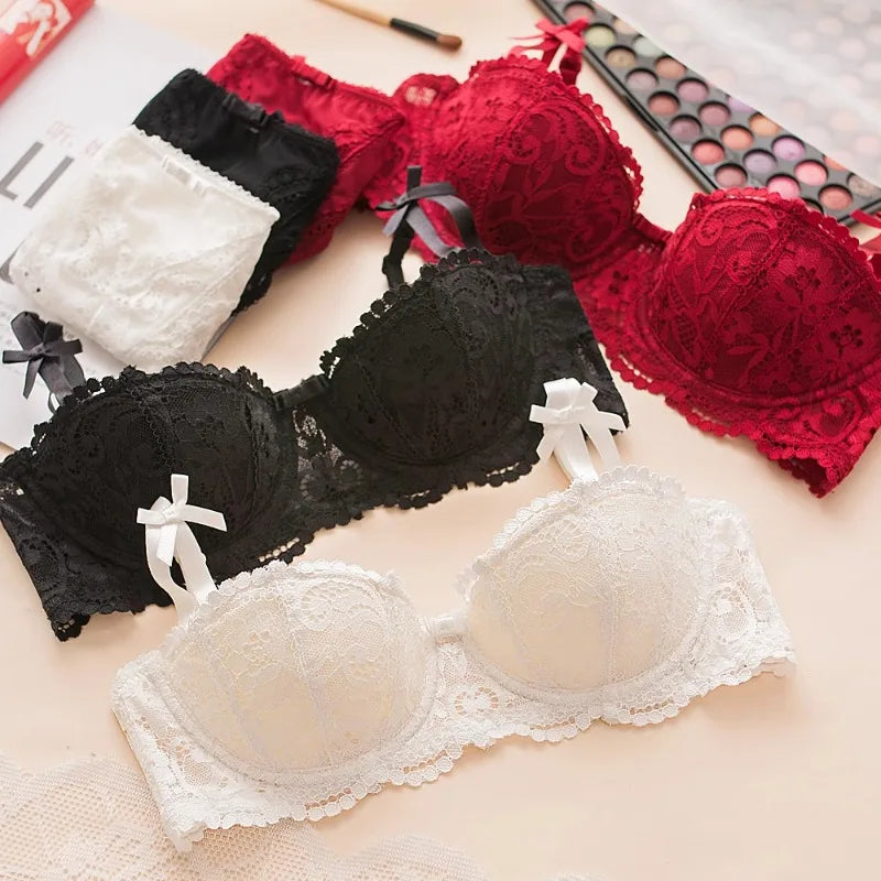 French Girl Lingerie Red Thin Hollowed Half Cup Bra Set  Sexy Tushy Xmas Gift Her Desire Temptation Lace Hip Out Holiday Season