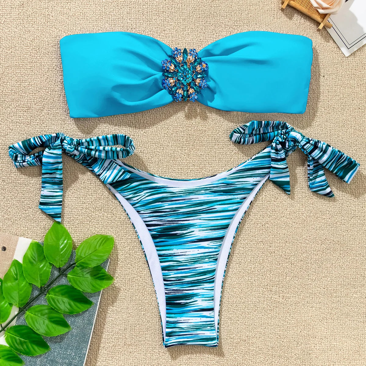 Rhinestone Flower Accessories Swimsuit Women 2026 2-piece Mini Bikini Sexy Strapless Backless Bathing Suit Summer Beach Swimwear
