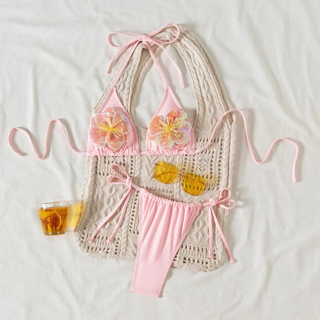Sexy Pink 3D Floral Bikini Set 2025 Women Halter Push Up Bra Lace Up Swimsuit Beach Bathing Suit Tie Side Thong Swimwear Biquini
