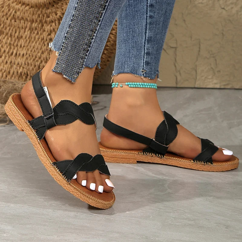 Summer Flats Rome Sandals for Women 2025 Woven Band Non Slip Beach Sandles Woman Plus Size 36-43 Back Strap Sandalias De Mujer