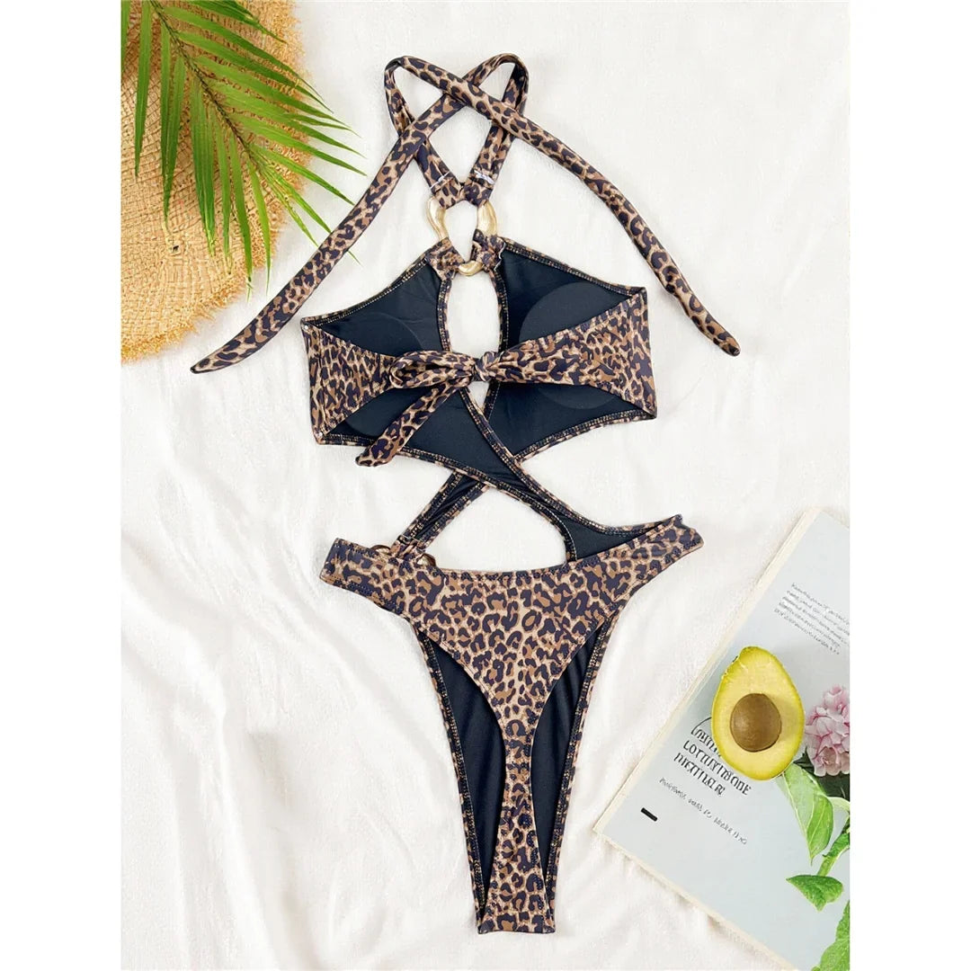 Sexy Tummy Cut Out Leopard Snakeskin Women Swimwear One Piece Swimsuit Female Halter High Cut Leg Bather Bathing Suit Swim V7972