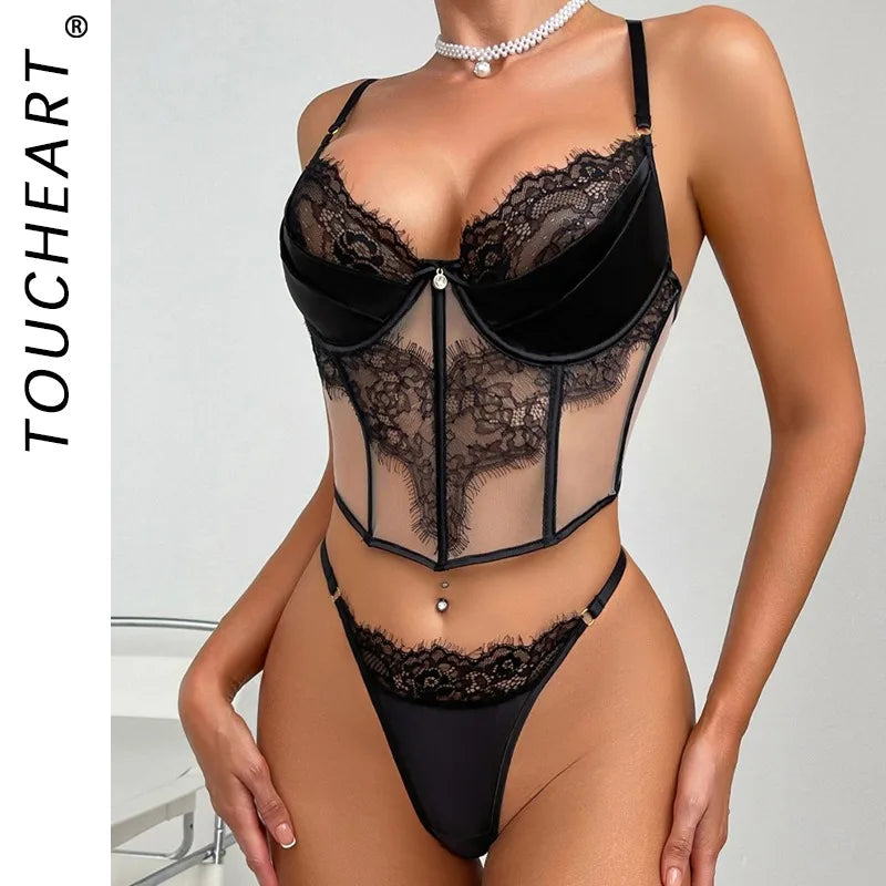 Toucheart Sexy Lace Steel Ring Lingerie Thong Patchwork See-through Skinny Embroidery Interesting Seductive Erotic Underwear Set