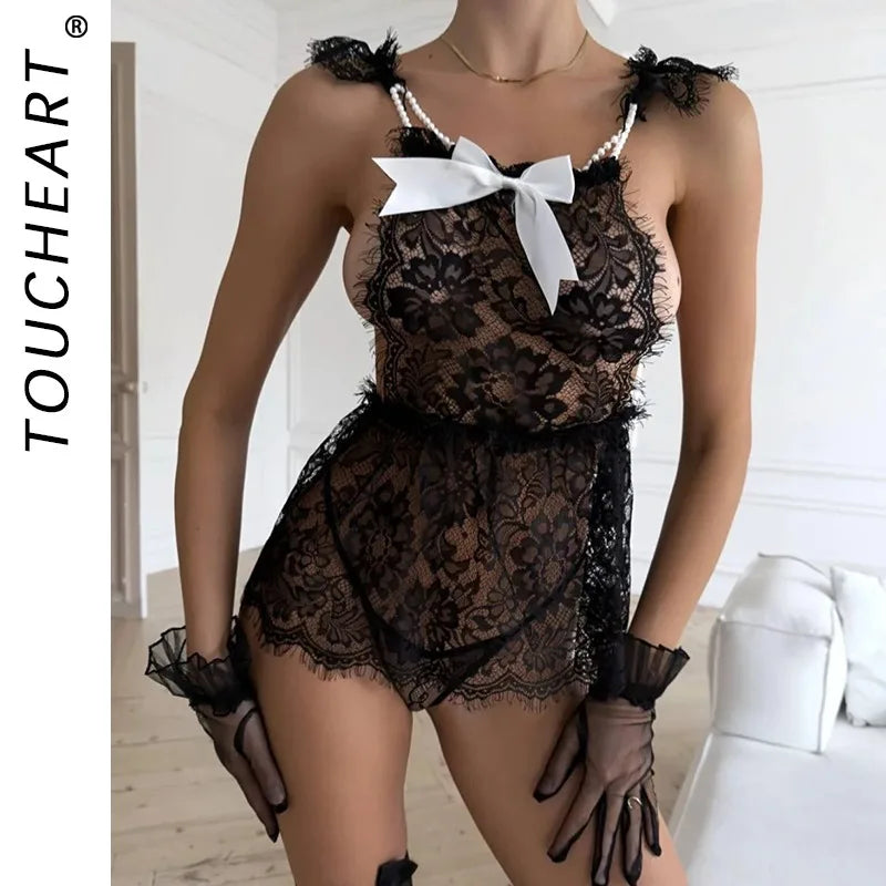 Toucheart Hot Floral Sleeping Skirt with Panty Cosplay See-through Seductive Slim Backless Women Interesting Premium Private Set