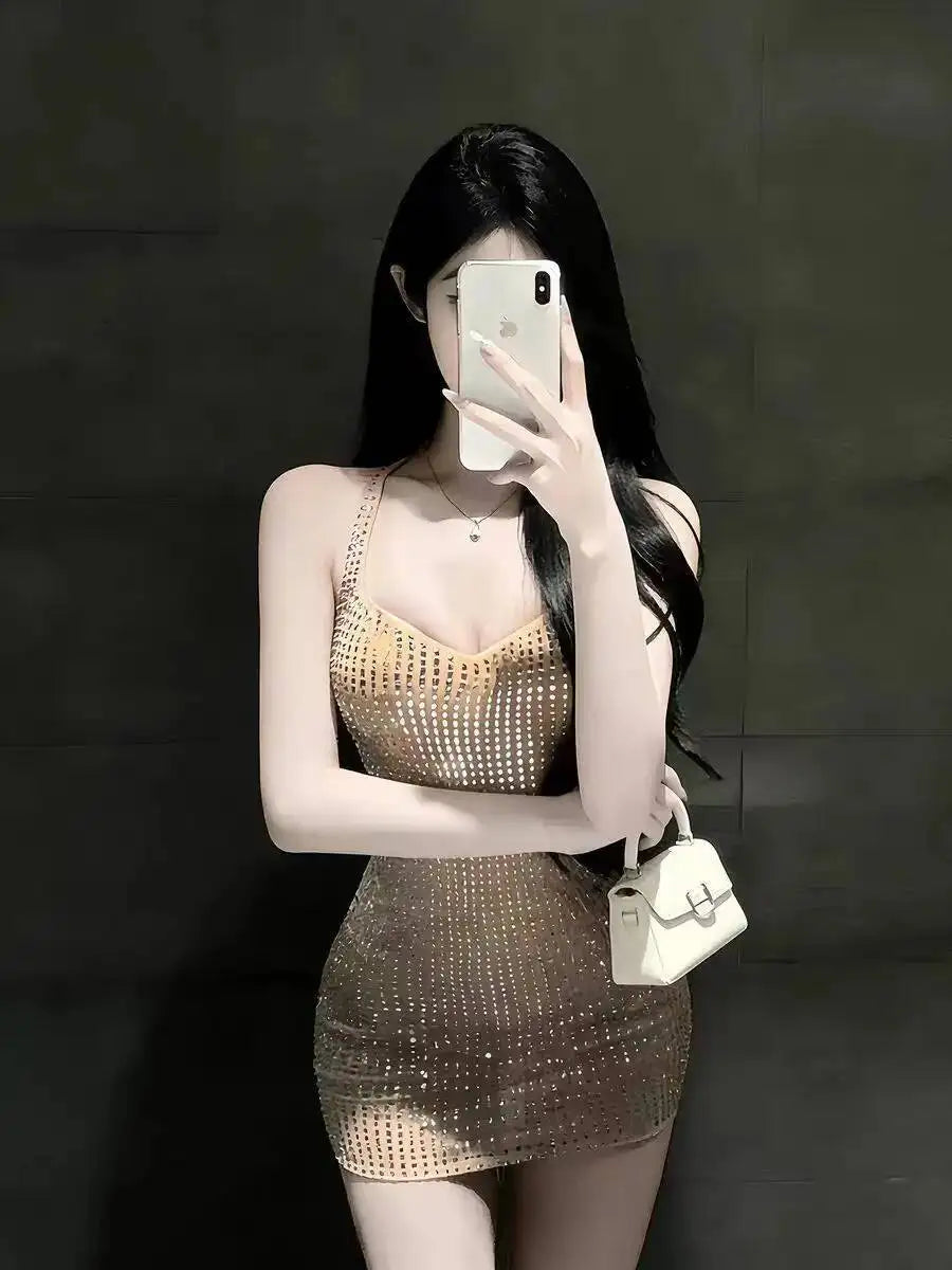 2026 Spring New Sexy Shinestone Halter Neck Backless Slim Fit Waist-Cinching Bodycon Dress Pure Desire Charming Pure Desire FJZ8