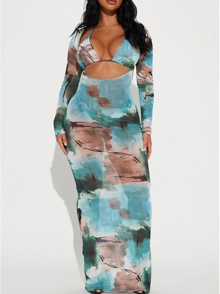 3 Pieces Triangle Halter Bikinis & Long Sleeve Beach Dress Swimsuit Women Swimwear Female Bathers Bathing Swimming Swim Suit XXL