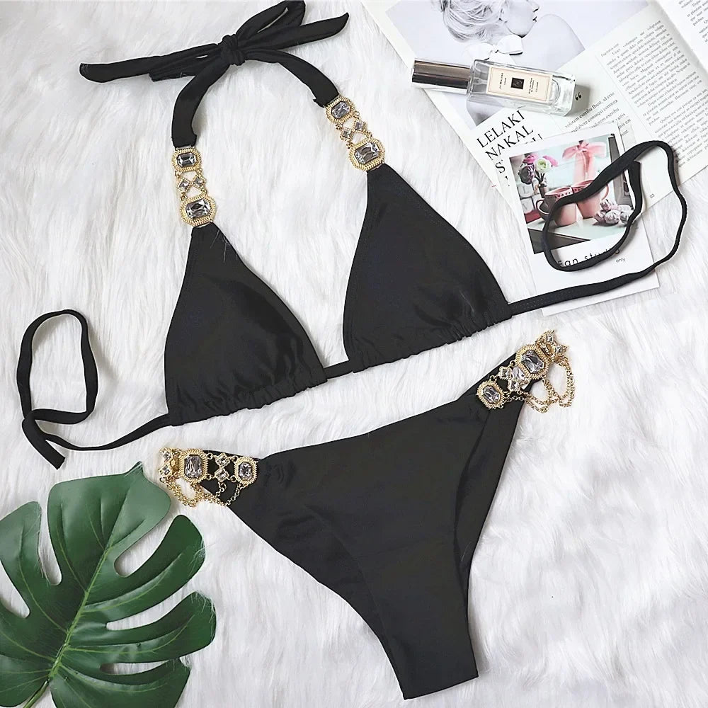8 Colors Sexy Bikini Women Swimwear Swimsuit Shiny Crystal Diamond Chain Bathing Suit Beach Bikinis Set Female Push Up Biquinis