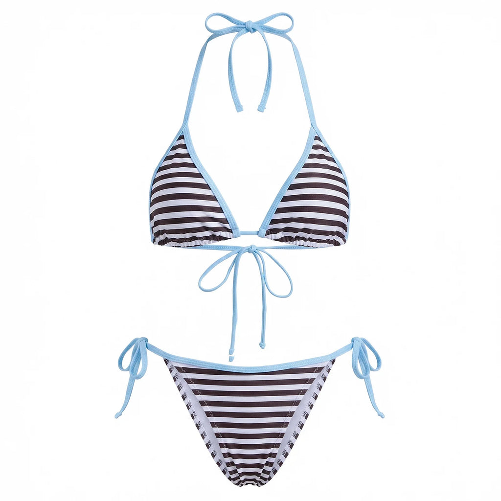 2026 New Womens Stripe Bikini Sets Halter Bra Tops with Tie-up Thong 2 Pcs Set Swimsuits Stylish Sexy Beach Pool Bathing Suit
