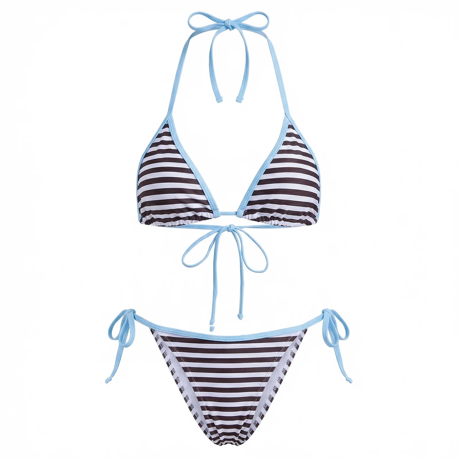 2026 New Womens Stripe Bikini Sets Halter Bra Tops with Tie-up Thong 2 Pcs Set Swimsuits Stylish Sexy Beach Pool Bathing Suit