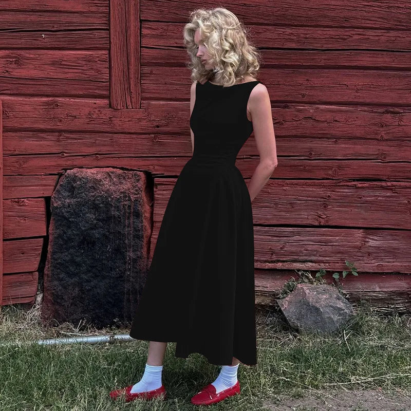 Chic Elegant O-neck Sleeveless Backless A-line Long Dresses Red Black 2026 Summer High Waist Tunics Zip-up Party Evening Dress