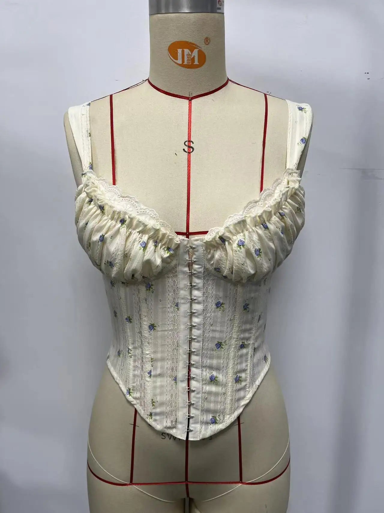 Summer White Floral Print Texture Corset Women Lace Trim Pleate Slim Fit Fishbone Tank Top Front Buckle Club Party Camiseta