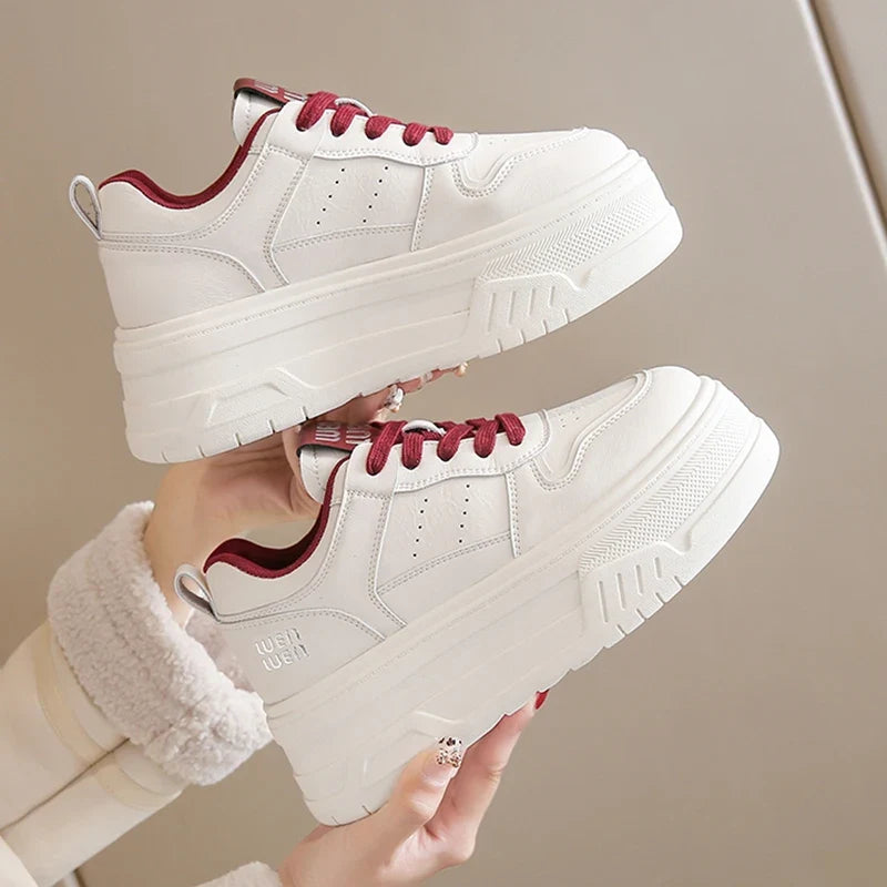Pu Leather Thick Bottom Sneakers Women 2025 Breathable Platform Vulcanised Shoes Woman Womens All Match Lace Up Casual Sneakers