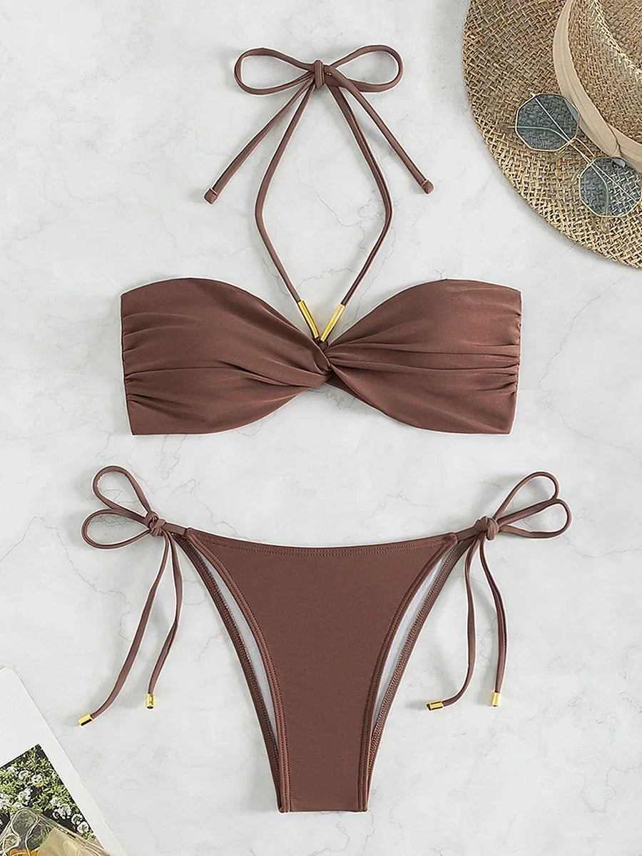XS - L Halter Wrinkled Bandeau Bikini Women Swimsuit Female Swimwear Two-pieces Bikini Set High Leg Cut Bather Bathing Suit Swim