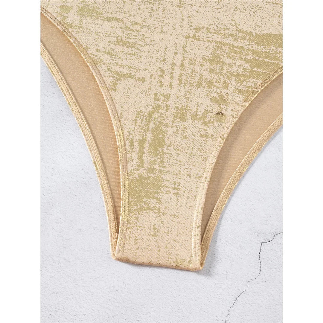 Sexy Golden Deep V Neck High Cut Leg Backless One Piece Swimsuit Women Swimwear Female Monokini Bather Bathing Suit Swim V6690