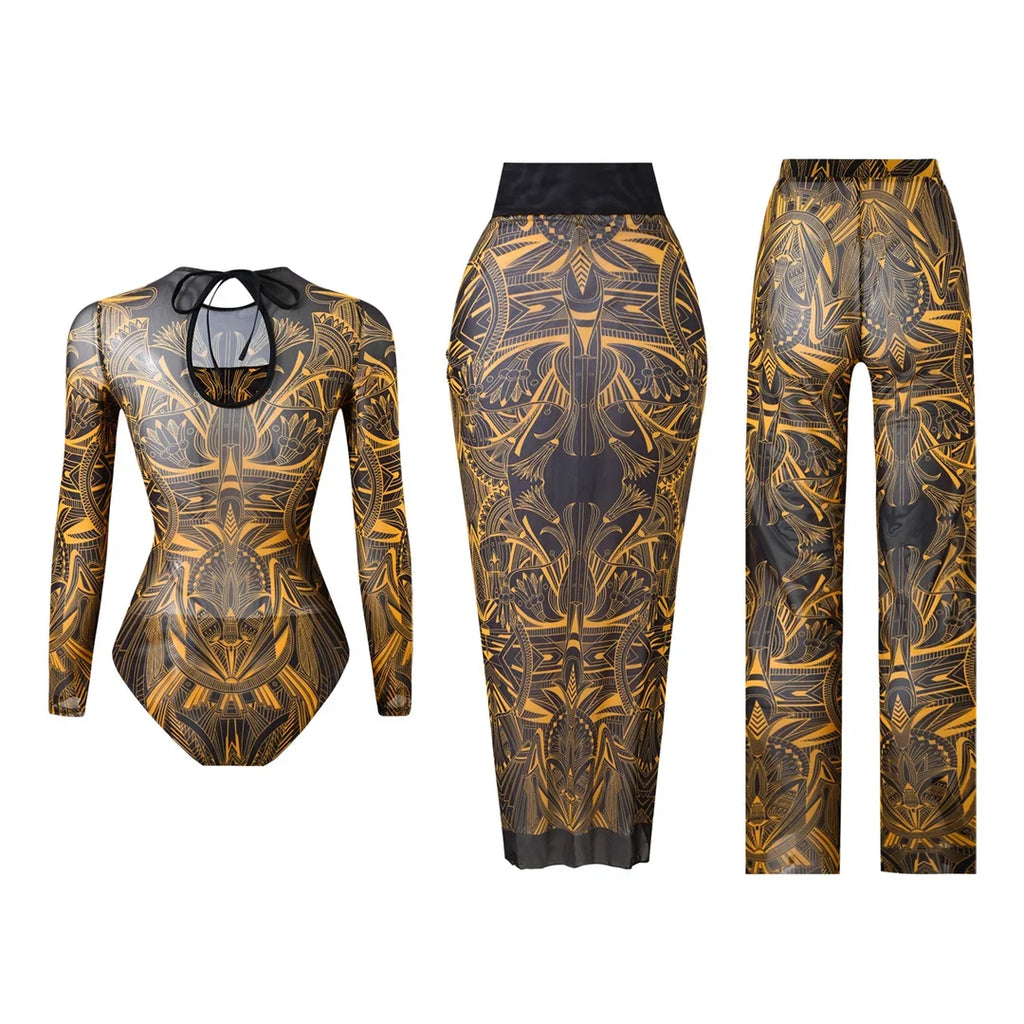 S - XXL 3PCS New Printed Long Sleeve With Pants Sarong Women Swimwear One Piece Swimsuit Female Bather Bathing Suit Swim K7180