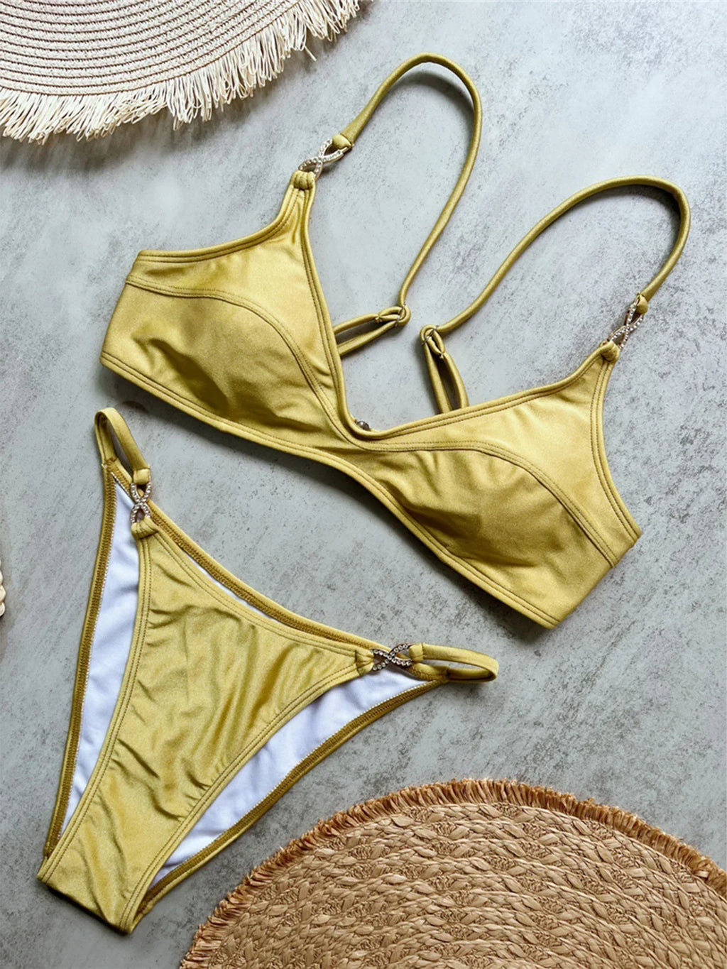 10 Colors V Neck Rhinestones Bikini Female Swimsuit Women Swimwear Padded Bather Bathing Suit Swim Two-pieces Bikini set K8138