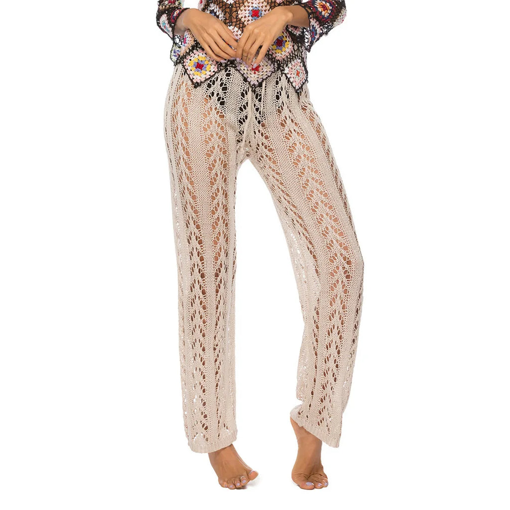 S - XL Women Crochet Knitted Beach Pants Hollow Out Elastic Straight Casual Trouser Holiday Beach Wide Leg Bikini Cover Up V2651