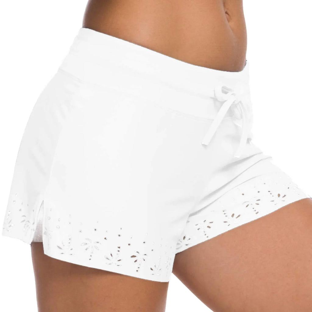 Women Swimming Shorts Solid High Waist Elastic Swim Bottom Flower Hollow Out Swim Trunk Loose Fit Swimming Workout Gym Bottom