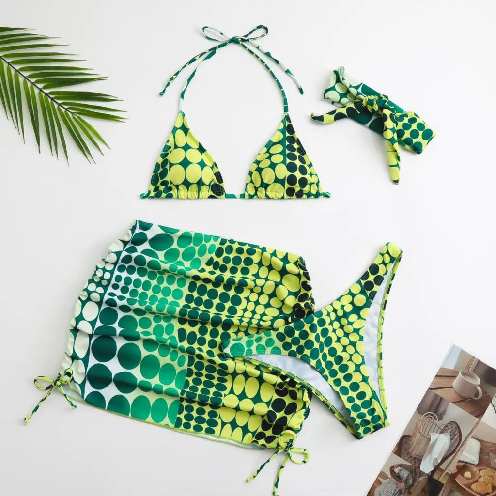 4 Pieces Random Dot Print Tie Side Halter Bikinis Swimsuit & Beach Skirt Sexy Swimwear Women 2026 Bathing Swimming Suit Female