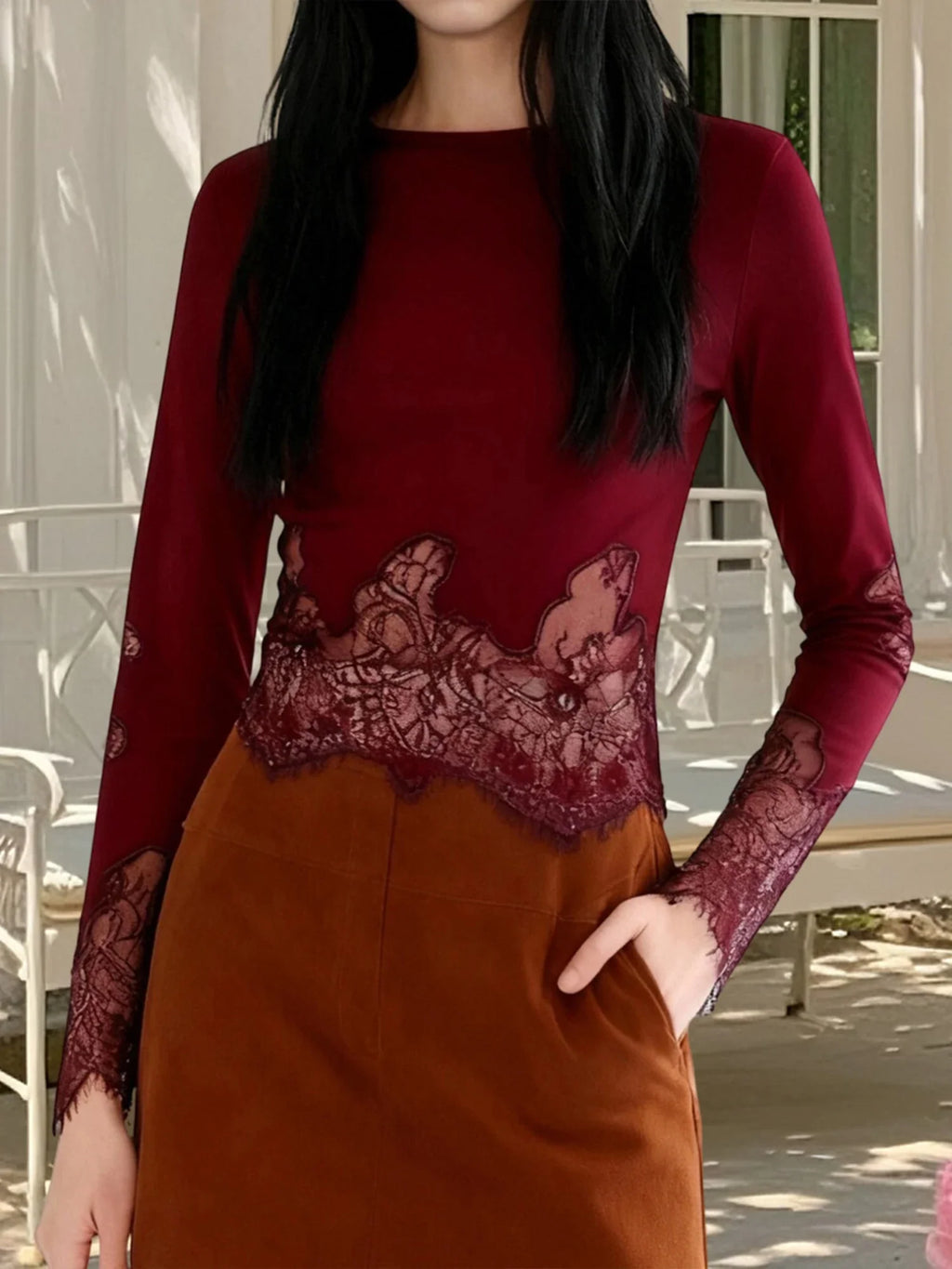 Women's Spring Summer Round Neck Tops Solid Color Long Sleeve Slim Fit Party Lace Patchwork T-shirts