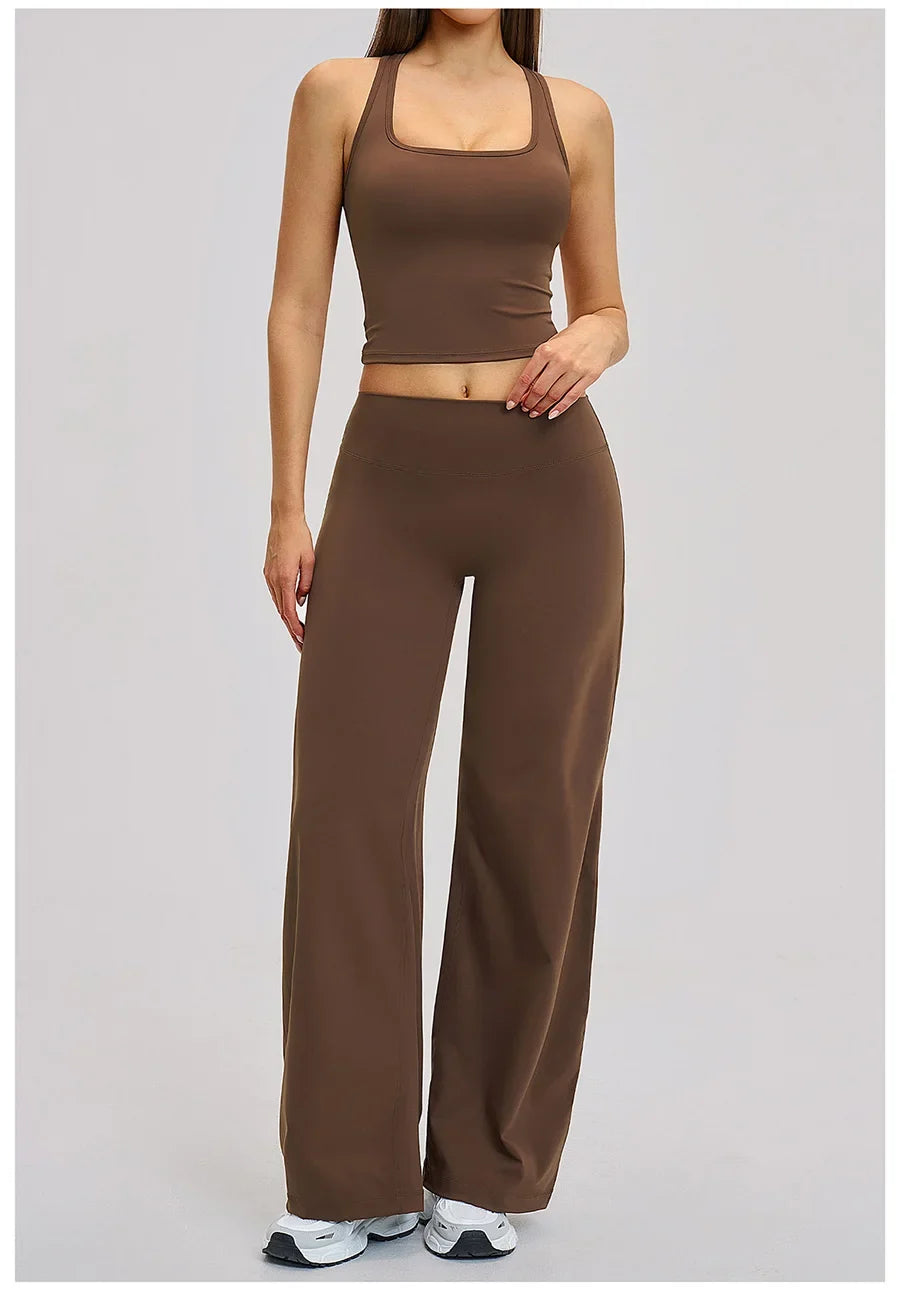 2 Piece Yoga Clothes Women Tracksuit Athletic Wear Pilates Fitness Suit Gym Workout Sets Push Up Sports Vest Wide Leg Pant Suit
