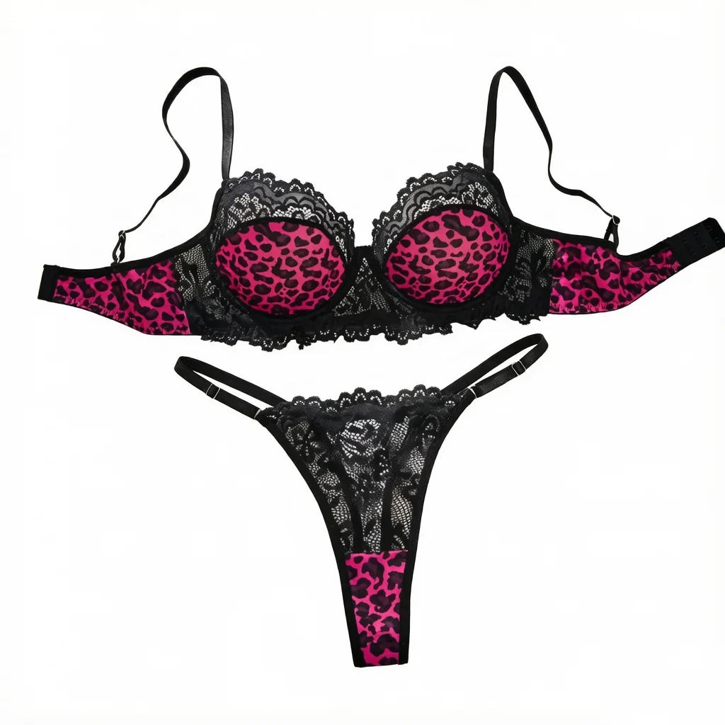 Hot Pink Leopard Print Lace Lingerie Set Underwire Bra With Matching Thong Women Sexy Intimates ZA825182