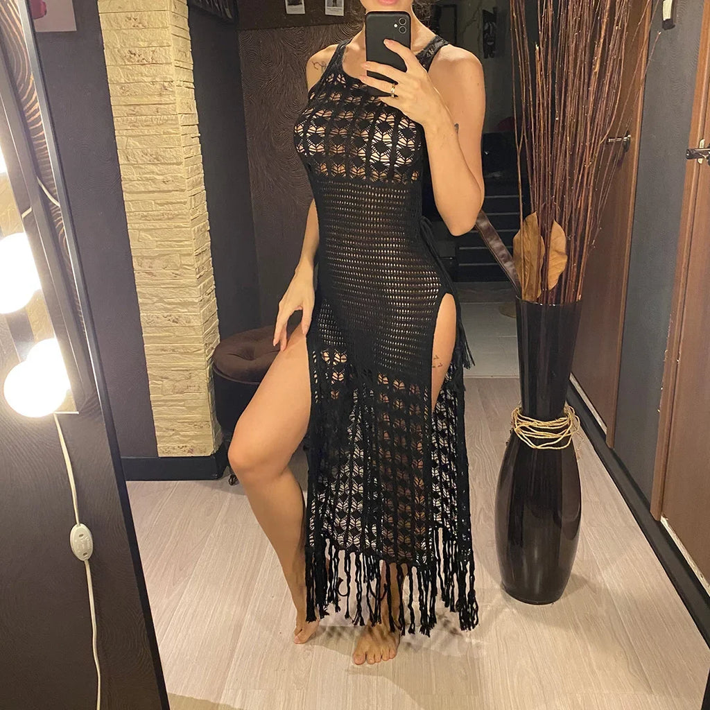 S- XL Sexy Hollow Out Fringe Tassel Knitted Crochet Tunic Beach Cover Up Cover-ups Beach Dress Beach Wear Beachwear Female V3800