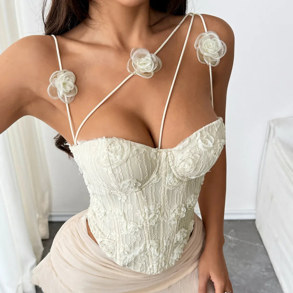 New Sexy 3D Flower Embroidery Tank Tops Irregular Shoulder Strap Steel Ring Fishbone Corset Top Summer Y2K Chic Lady Streetwear