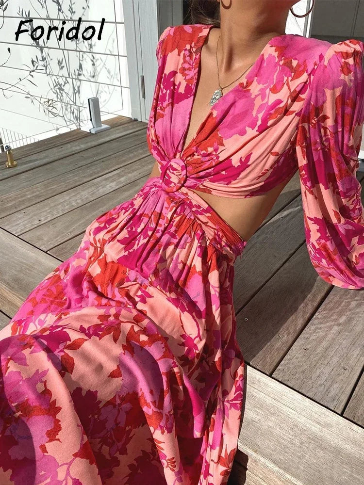 Waist Cut Out Backless Sexy Summer Maxi Dress Elegant Deep V Neck Holiday Long Dress Red Black Boho Floral Dress Women 2025