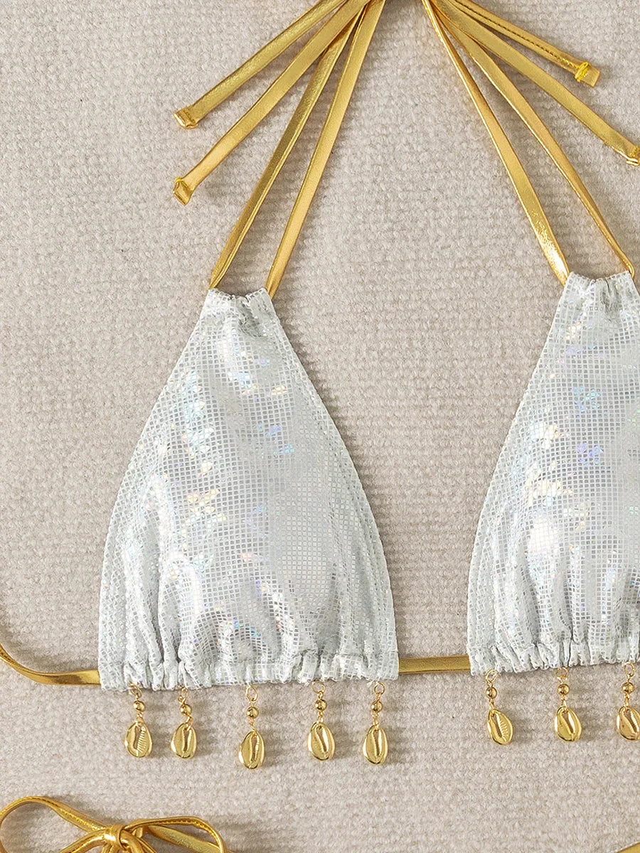 Shiny Shell Pendant Halter Strappy Bikini Female Swimsuit Women Swimwear Two-pieces Bikini Set Mini Micro Bathing Suit Swim Lady