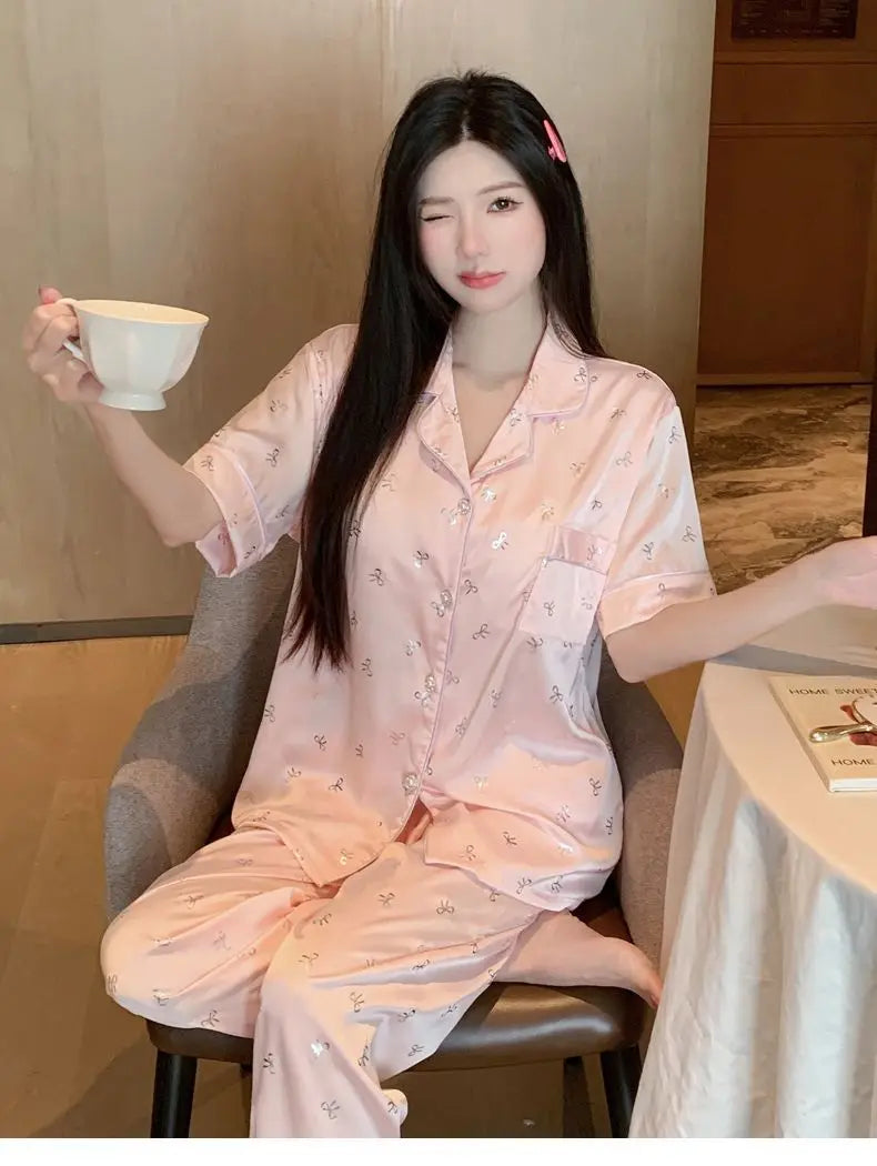 Women's padded pajamas spring and summer three-piece silk home clothes can be worn outside