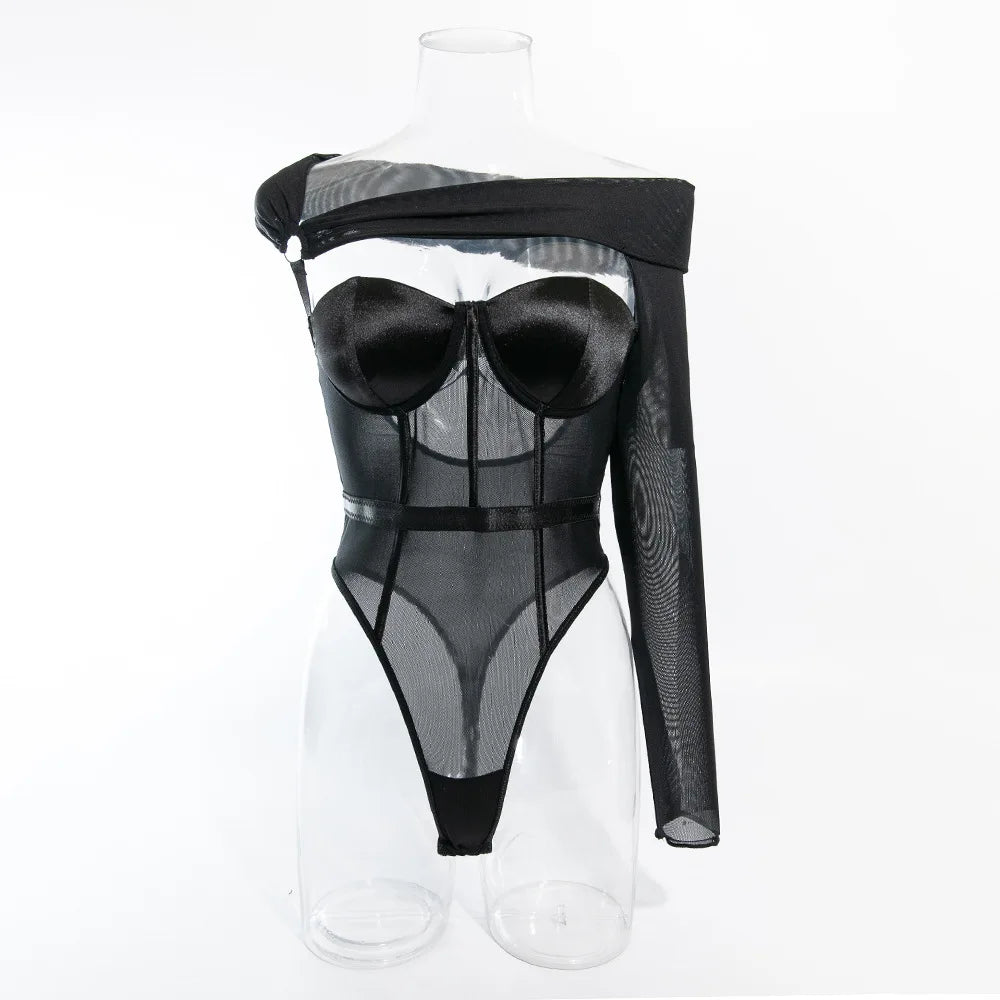 Toucheart Sexy Lingerie One-shoulder Sleeve Body Shaping Jumpsuit Women Push-up Chest Cotton Splicing Mesh Perspective Underwear