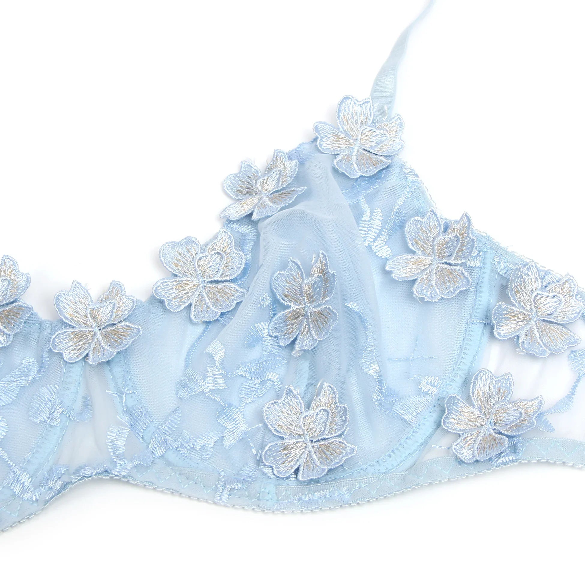 Blue Floral Lace Mesh Bra and Panties Set for Women Push Up Underwire Adjustable Straps Daily Sleepwear Romantic Fancy Lingerie