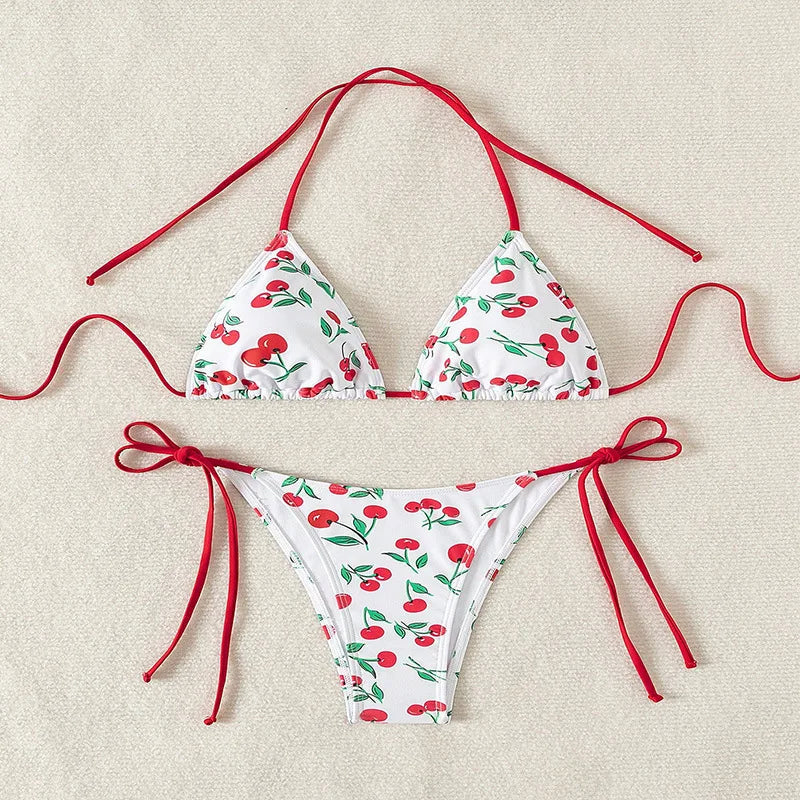 Sexy women cute cherry print halter string micro bikini sets two pieces swimsuit Swimwear bathing suit beach outfits biquini